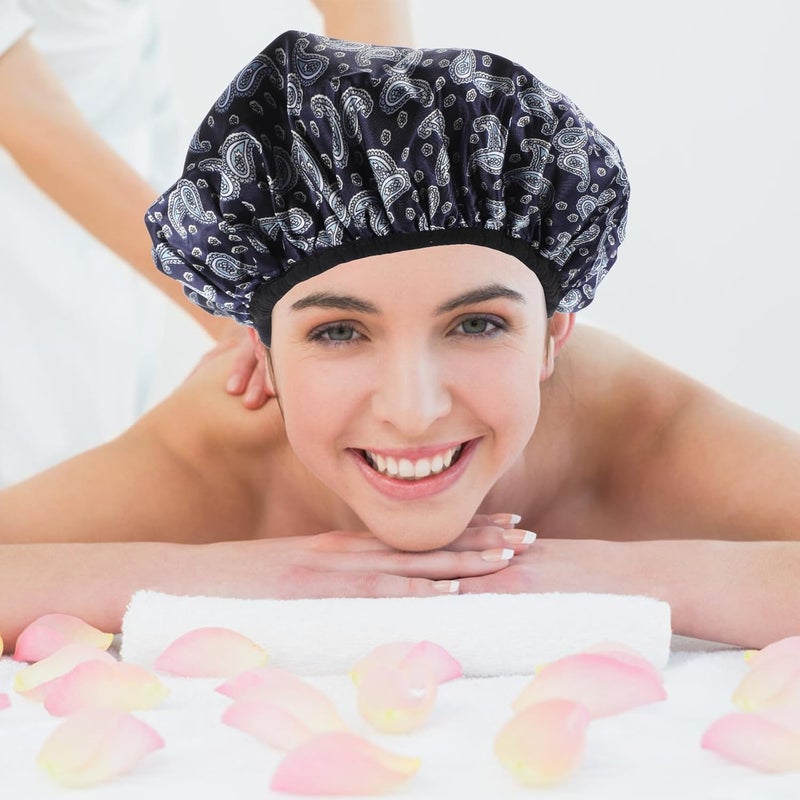 Waterproof Bath Cap For Women Large Blue Paisley Hair Drying Hat Travel Shower Bonnet - Image 5
